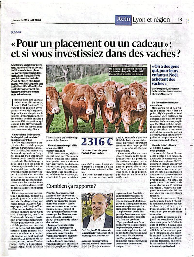 Journal Le progrès : Plus rentable que le Livret A ? Investir dans les vaches, le pari d’une société lyonnaise